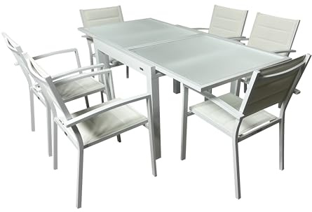 Mommahome® Set mit ausziehbarem Tisch und 6 Stühlen, Gartenmöbel-Set für den Außenbereich, 7-teilig, Aluminiumgestell, Tisch und Stühle für Terrasse, wasserdicht, wetterfest (weiß)