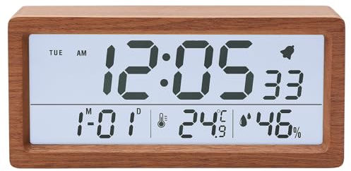 Digitaler Wecker Holzdesign mit LCD Display, Temperatur und Luftfeuchte | Batteriebetrieben mit Nachtlicht und Tischuhrfunktion, kompakt für Schlafzimmer und Arbeitsplatz, einfache Bedienung