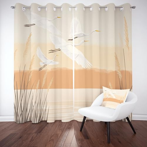 Meugesoi Aigrette Rideau Occultant Thermiques 2 Pièces L140 x H200 CM, Roseau Rideaux Opaque Isolant Anti Froid Naturel Paysage Rideau Isolation Phonique pour Chambre, Salon