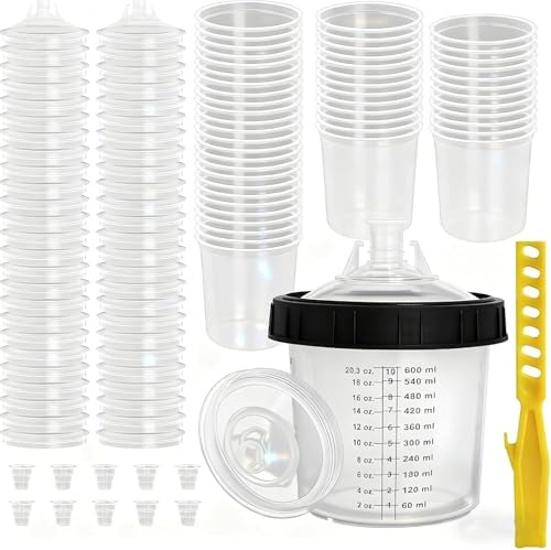 Lackierpistole Becher für Farbsprühsystem HVLP lackierpistole Druckluft | Spritzpistole Farbsprühpistole Mit Deckel und Liner Kit, 50 Einwegdeckel und Liner, 10 Verschlussstopfen (600ML)