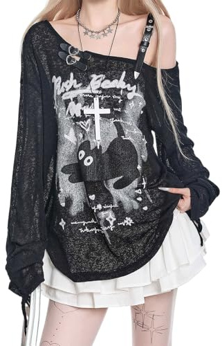Skateboard Frog Y2K T Shirt Damen Anime Schulterfreies Langarm Löchern Mesh | Damen T-Shirt Grunge Gothic Harajuku Kawaii Streetwear Langarmshirt schulterfrei Cut Out Cartoon Druck lässiges Freizeit Tops