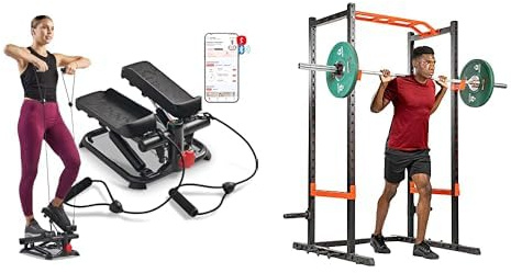 Sunny Health and Fitness Total Body Smart 2-in-1 Stepper Machine, Total Body Workout, Adjustable + Power Zone Strength Rack Power Cage - 455 KG Weight Capacity, Spotter Bar, Angled Pull-Up Bar