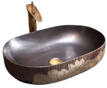 Dall'elegante Lavandino da appoggio vintage di colore scuro for balcone, bagno, lavabo rotondo, approfondimento (60 * 40 * 16 cm) Senza