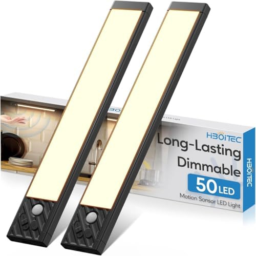 HIBOITEC Recargable Luz Armario Sensor Movimiento, Brillo Ajustable Led Cocina Bajo Mueble, Adhesiva de Armario con Sin Cable para Cocina Gabinete Escalera Pasillo (Luz Blanca Cálida, 25,5CM)