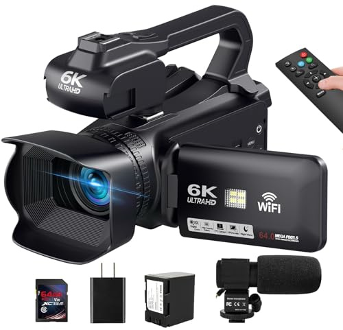 Caméscope 6K 64MP IR Vision nocturne Caméra de vlogging pour YouTube Zoom numérique 18X 4 Appareil photo numérique avec WiFi, micro, chargeur, stabilisateur, contrôleur, batterie et carte SD 64 Go