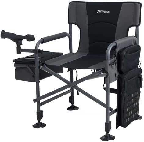 X Strike Fishing Chairs with Rod Holder, Folding Ice Fishing Chair for Adults Outdoor Camping Chair Leg Adjustable with Cooler Bag and Storage Bag for Camp, Lawn, Patio, Garden (Black)