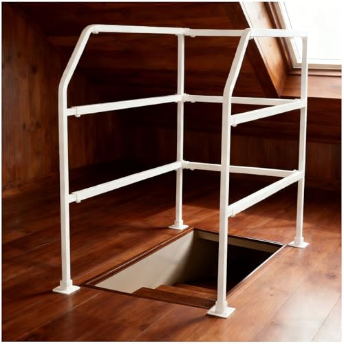 Attic Ladder Safety Railing, Fits 39-51 Opening, 3-Tier Guardrail (White) | Adjustable Attic Access Railing, Attic Ladder Climbing Assistance Railing,Carbon Steel,Ascend Descend at House/Garage/Storage