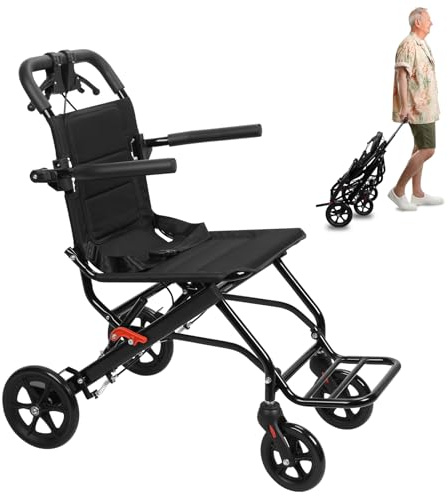 Labufiz Fauteuil roulant de transport pliable léger pour adultes et personnes âgées | voyage à porte étroite avec cadre en acier au carbone, ceinture sécurité, grandes roues tout terrain capac