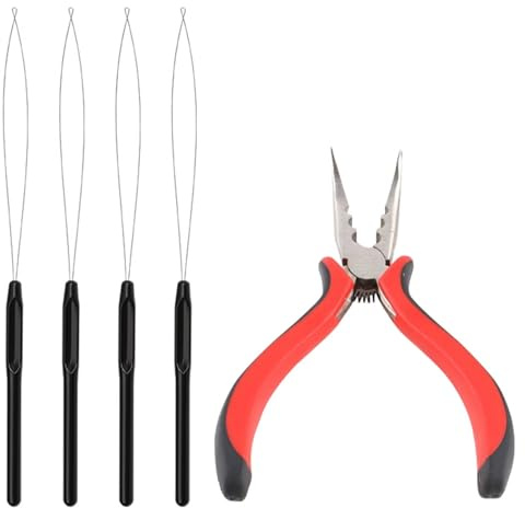 5Pcs Professional Nano Hair Extension Tools Kit – Includes 1 Plier & 4 Loop Threaders, Nano Beads Tool for Easy Hair Installation and Removal