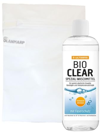 Tvättmedel för kompressionsstrumpor kompressionstvättmedel specialrengöringsmedel – Ultrana Bio Clear för kompressionstvätt och stödstrumpor + Olanmarp tvättnät – Made in Germany (500 ml)