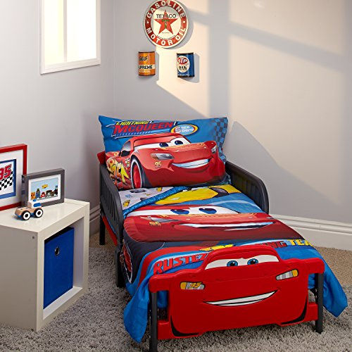 Disney Cars Rusteze Racing Team 4-teiliges Bettwäsche-Set für Kleinkinder, Blau/Rot/Gelb/Weiß