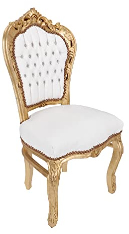 Way Home Store - Sedia 100% Barocco Stile Francese Luigi XVI Legno Oro Foglia e Ecopelle Bianca con Gemme - Dimensioni 52x60 - H: 110