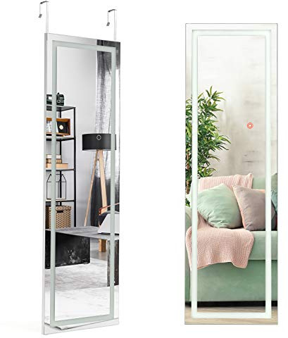 COSTWAY LED Pleine Longueur Miroir 120 cm x 37 cm, Miroir Lumineux Mural avec Cadre en MDF, Fixation sur Porte ou Murale, Lumières Réglables sur Trois Couleurs, Blanc