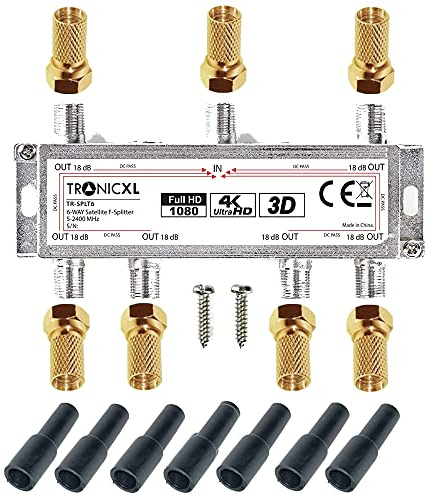 TronicXL 6-Fach Sat Splitter + Wetterschutz + F-Stecker I Verteiler Weiche DVBT DVBT2 DVBC Antennen Fernsehen TV Splitter HDTV 6fach Fernseher Full HD Switch 6er sechser sechsfach digital 3D 4K hd