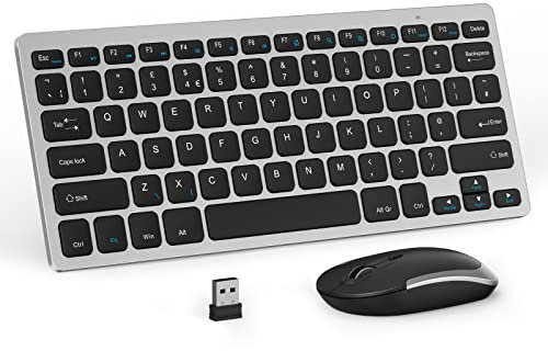 Compact Wireless Keyboard and Mouse Combo, 2.4G Portable Small Cordless Keyboard & Mouse Set UK QWERTY Layout for PC Computer Laptop, Black and Silver