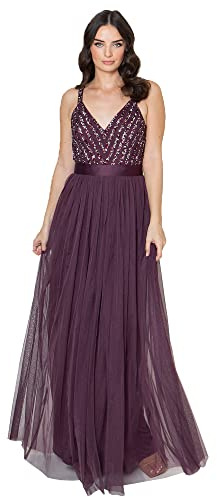 Maya Deluxe Women's Ladies Maxi Dress Long Length Wedding Guest Bridesmaid Prom Summer Evening Gown V Neck Straps Bow Tie, Berry, 10