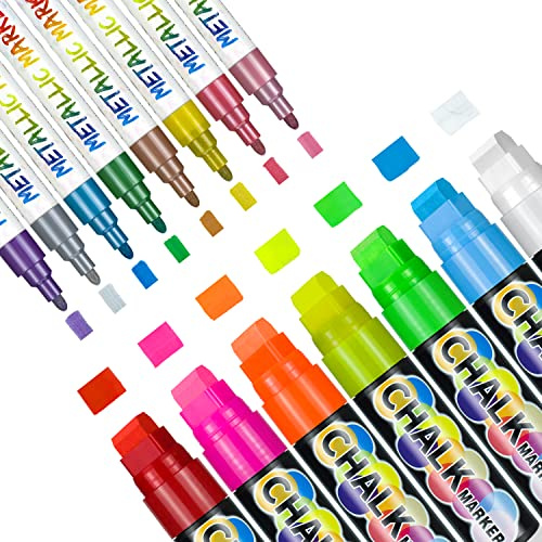 CeleMoon 16 Pack Liquid Chalk Markers - 8 Colors 15mm Jumbo & 8 Metallic 6mm Tips, Wet Erase Window Paint Neo Pens For Blackboard, Chalkboark, Menu Board, Glass, Car, Holiday Decoration