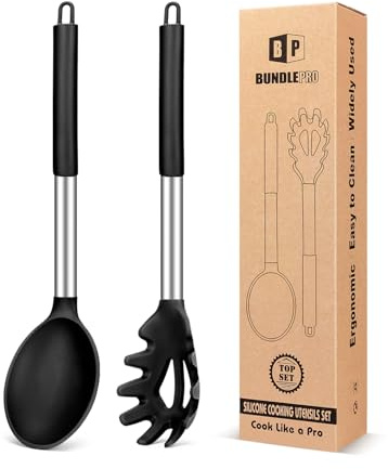 Ensemble fourchette à pâtes en silicone et cuillère de cuisine, ustensiles de cuisine antiadhésifs pour cuisiner, remuer, servir des spaghettis, soupe, sauce (noir)