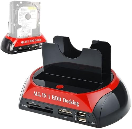 Estación de acoplamiento HDD todo en uno, doble bahía, 2,5 pulgadas, 3,5 pulgadas, eSATA USB 2,0 a disco duro IDE SATA, base de clonación OTB con lector de tarjetas