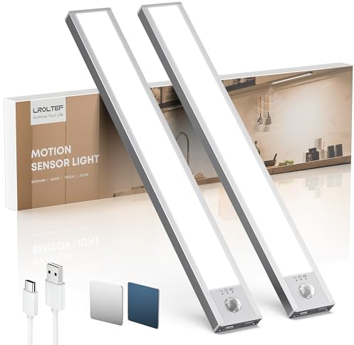 LROLTEF Schrankbeleuchtung Led Lampe mit Bewegungsmelder - 21cm 1500mAh Unterbauleuchte Küche Licht Aufladbar mit Sensor - Dimmbar Schranklicht Treppenlicht - Vitrinenbeleuchtung Magnetische | 2 Stück