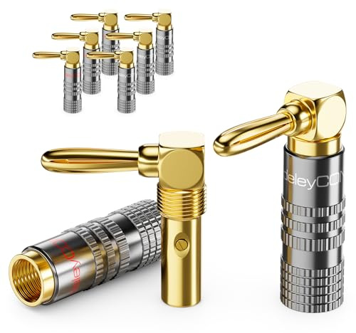deleyCON Bananenstecker Set 90° gewinkelt, vergoldet, schraubbar, 8 Stück | Für Lautsprecherkabel und Boxenkabel 0,75 mm - 4,5 mm, HiFi Heimkino Receiver