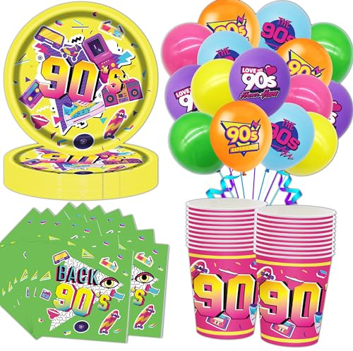 Shamoparty - Set di stoviglie da 90 pezzi, 78 pezzi, decorazione discoteca, con palloncini da 90, piatti da 9 pollici, bicchieri di carta, tovaglioli, per feste 90