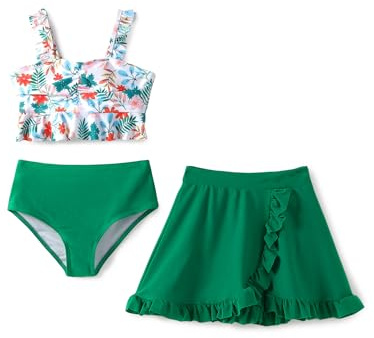 PATPAT Mädchen Bikini Badeanzüge Set, 3-teiliges Tankini-Set mit Top, Shorts Und Baderock Bademode, Kinder Badebekleidung mit Blumenmuster Schwimmanzug, Größe 5–12 Jahre