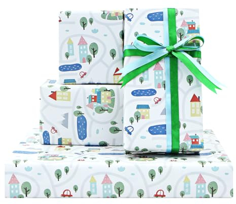 Dorf Stadt Nachbarschaf Stadt Häuser Geschenkpapier-Set mit 4 Bögen 50 x 75 cm pro Bogen mit Schleife, Geschenkpapier für Freunde, Familien, Jungen, Mädchen, Kinder, Geburtstag, Einweihung, Babyparty