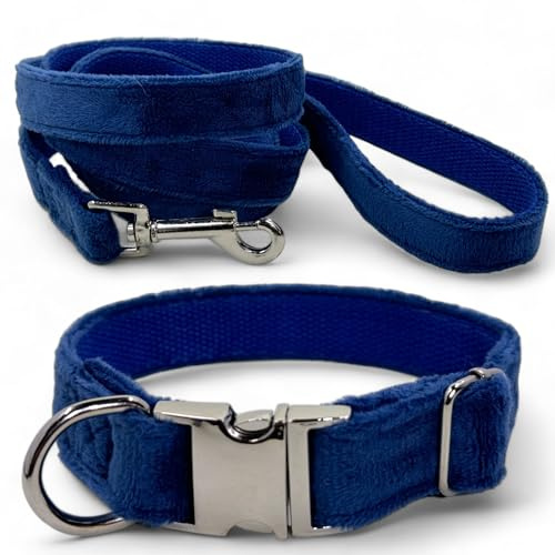 MIJOMA Hundeleine und Hundehalsband Set - 1,20m Leine, verstellbares Halsband, Verschiedene Designs, robust und stilvoll (blau Samt Velours)