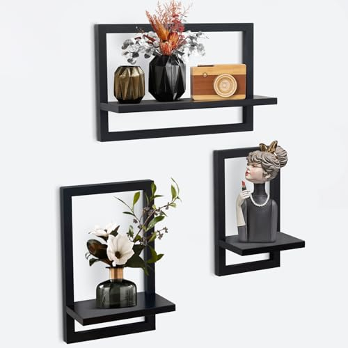 hi-home Set mit 3 Wandregalen, Schwebende Regal für die Wand Deko, Hängeregale zur Wandaufbewahrung, Quadratische Bücherregal Wand, Wandregal Holz Hängeregal für Schlafzimmer, Wohnzimmer, Schwarz