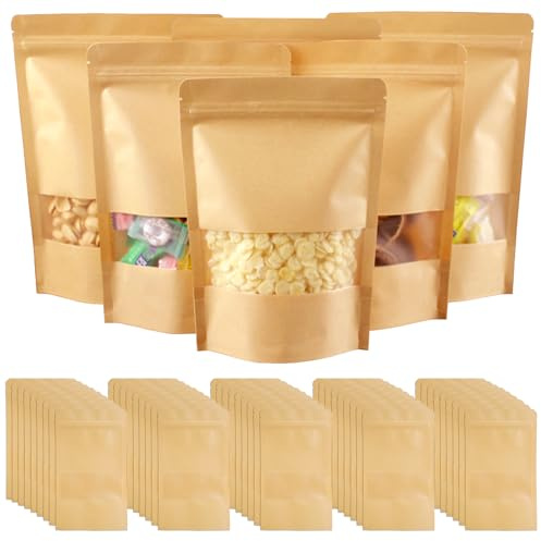 50 Pièces 12x20cm Sachet Kraft, Pochette Sac Papier Kraft avec Fenetre | Alimentaire Sac en Papier Résistant à L'huile Réutilisables, Étanchéité Sachet Craft pour Noix Nourriture Grains de Café