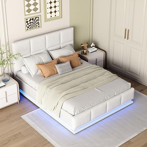 KeepGoon Polsterbett 140x200, Stauraumbett mit LED Beleuchtung Hydraulisch anhebbarer Bettstauraum,Doppelbett,Bett mit Bettkasten und Lattenrost,Boxspringbett,Erwachsenen Jugendbett (Weiß)