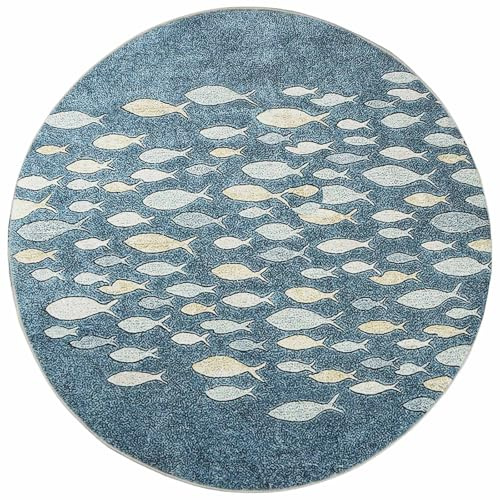 Betadistor Teal Rug Round 120 cm, Non Slip Area Rugs for Bedroom Soft Machine Washable Rugs Living Room Indoor Door Mat Fishes Print Circle Entryway Rug for Bedroom Living Dining Room, Teal, 403-10120