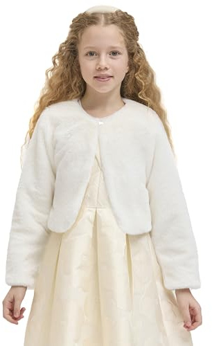Lilax Girls Cozy Faux Fur Bolero Shrug Long Sleeve Crew Neck Dress Coat (6,Cream)