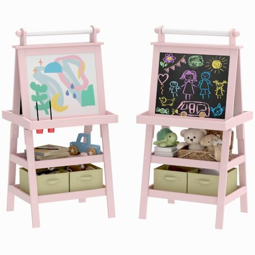 AIYAPLAY Art Easel for Kids, Kids Easel with Paper Roll, 3-6 Years Pink | 3 in 1 Design, Double-Sided Magnetic Whiteboard and Chalkboard, Storage Baskets