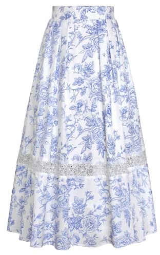 Belle Poque damer blommor kjol vintage stretch hög midja A-linje maxikjolar, Vit-blå blommor, XL