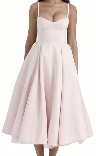 Ocean Plus Femmes Vintage Haute Taille sans Manches Pendant Robe Couleur Unie À Bretelles Longue Jupe Mesh Pendule Double-Couche Robe À Bretelles avec Fermeture Éclair (M, Rose)
