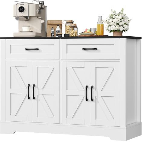 HOCSOK Küchen Sideboard, 120cm Breit Küchenschrank mit Arbeitsplatten, Küchenbuffet Aufbewahrungsschrank mit 2 Schubladen und 4 Türen für Wohnzimmer 40 x 120 x 87 cm Schwarz