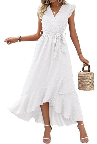 SCBFDI Robe Cocktail Femme Sexy Cintrée Ete Courte Devant Longue Derriere Manches Volantes Bureau Estivale Chic Plage Robe, Caftan Femme Blanc L