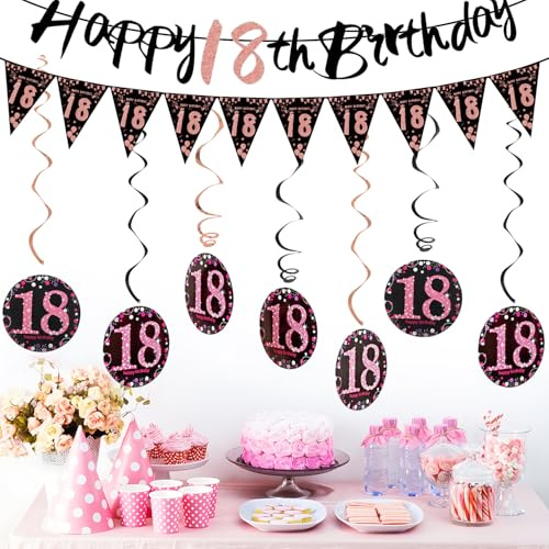 Décoration d'anniversaire pour fille - Noir et or rose - 18 ans - Bannière - Décoration d'anniversaire à suspendre - Pour femme