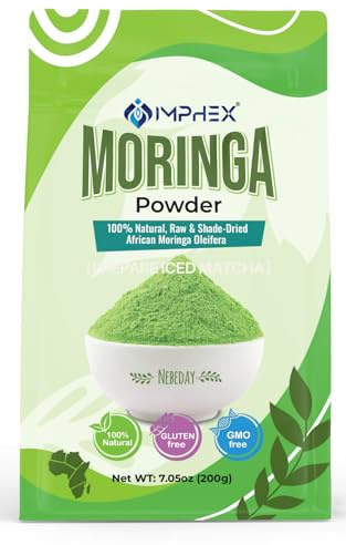 IMPHEX Moringa Powder – Raw & Natural from Senegal | 100% Pure Superfood | Rich in Iron, Calcium & Antioxidants | Non-GMO, Gluten-Free, No Additives | 7.05 oz (200g)