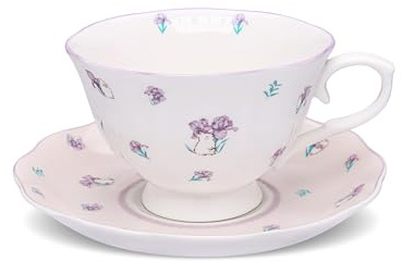 fanquare Juego de taza de té y platillo con flores, 250 ml Taza de café y plato de cerámica British Purple Iris, regalo para meriendas, apto para lavavajillas