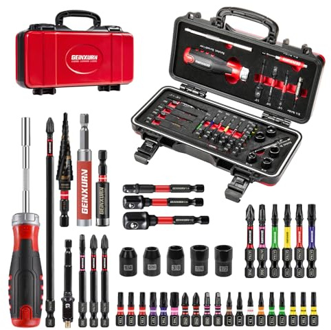 Geinxurn 42Pcs Tools Set Packaged with Heavy-duty Tool Box, Include Impact Screwdriver Bits, Socket Adapter, Step Drill, Bit Holder,Impact Socket Driver and Ratchets Screwdriver for Home Repairs DIY