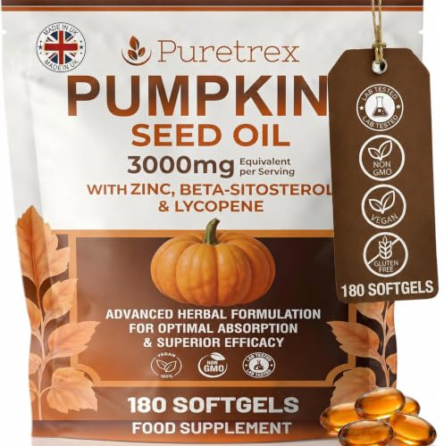 PURETREX Pumpkin Seed Oil 180 Softgels 3000mg Complex, Cold Pressed | With Zinc Beta Sitosterol Lycopene and BioPerine Omega Rich Plant Based Vegan Made in UK Lab Tested