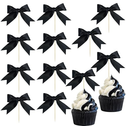 Ephlyn 24Pcs Bow Cupcake Toppers Bowknot Cake Toppers Bow Cupcake Picks Bowknot Birthday Party Decorations for Wedding Bridal Engagement Baby Shower Birthday Party Supplies Black