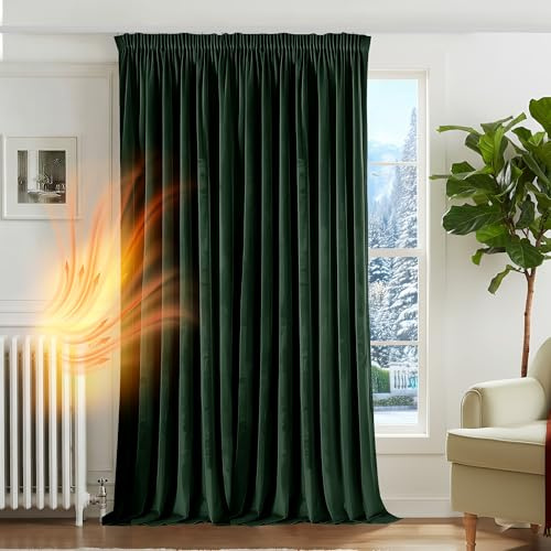 Deconovo Dark Green Velvet Blackout Curtain，Pencil Pleat Curtain Thermal Insulated Drape, Luxury Soft Christmas Panel with Rod Pocket for Bedroom，W118 x L87, Dark Green, 1 Piece