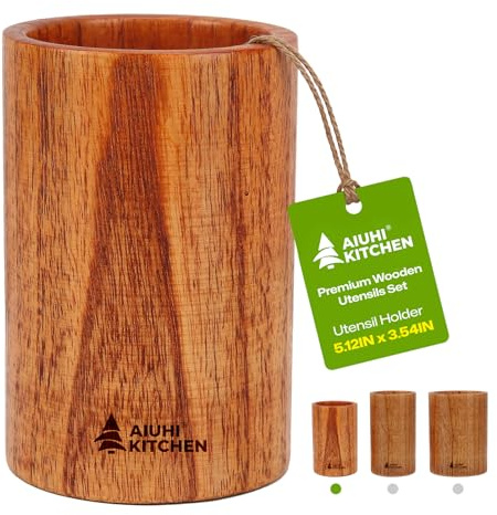 AIUHI Wood Utensil Holder for Kitchen Counter, Wooden Utensil Crock, Kitchen Utensil Organizer, 5.1x 3.5 Large Spatula and Spoon Holders