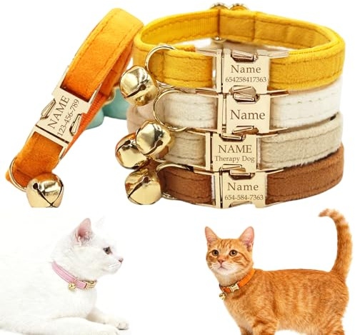 Personalisiertes Samt-Katzenhalsband, individuell gravierter Name und Telefonnummer, verstellbar, weicher Komfort mit Glocke und goldfarbener Schnalle, für kleine, große Katzen, Kätzchen, mehrere