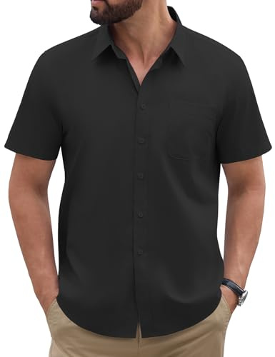 TOMEEK Men's Short Sleeve Shirts Casual Regular Fit Dress Shirt Summer Business Work Formal Button Down Shirt Plain(Black,XL)