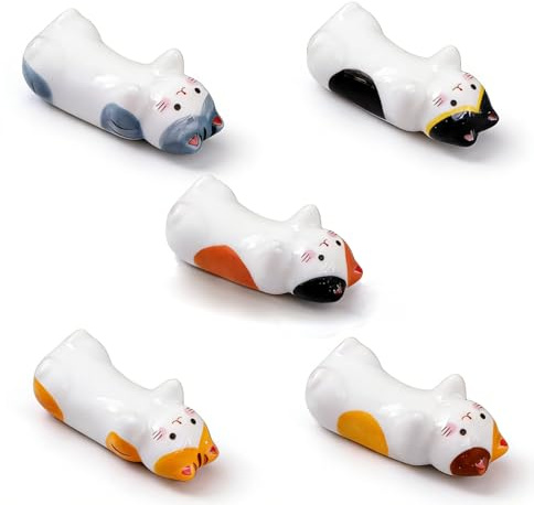 5-Piece Ceramic Cat Chopstick Rests - Mischievous Cute Begging for a Hug Design, Animal Series Utensil Holder for Knife/Fork/Spoon, Tabletop Ornament
